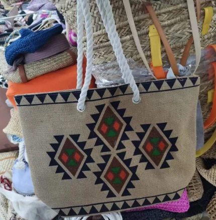 Baskı Desenli Keten Tote Çanta