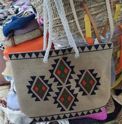 Baskı Desenli Keten Tote Çanta