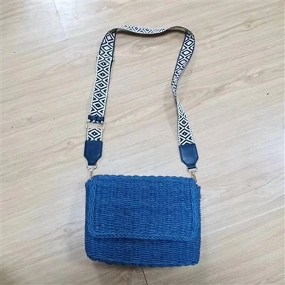 Mavi Bantlı Çapraz Askılı Hasır Çanta